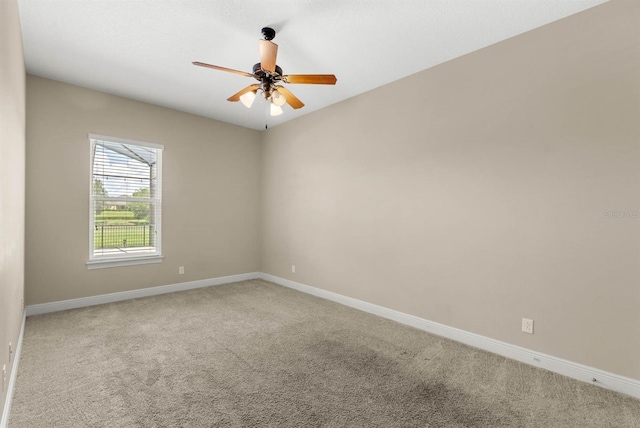 unfurnished room with ceiling fan and carpet