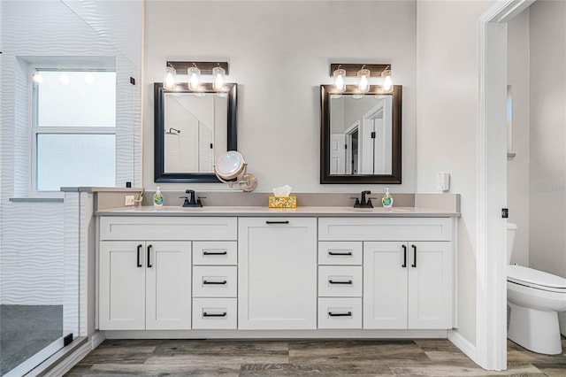 bathroom with vanity, walk in shower, hardwood / wood-style floors, and toilet