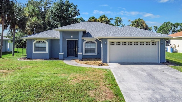 ranch-style home featuring a garage, driveway, roof with shingles, a front yard, and stucco siding