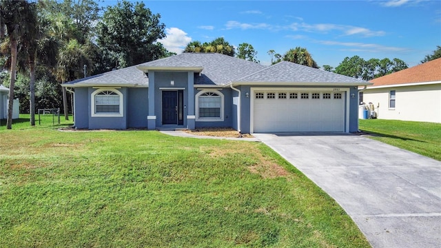 single story home with a garage, a front yard, concrete driveway, and stucco siding