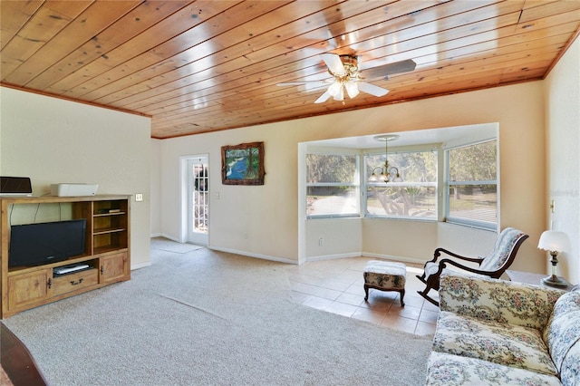 living room featuring carpet, wood ceiling, crown molding, and tile patterned floors