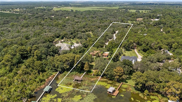 bird's eye view featuring a wooded view