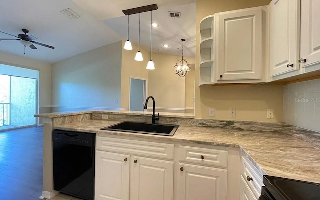 kitchen with white cabinetry, black appliances, kitchen peninsula, sink, and ceiling fan