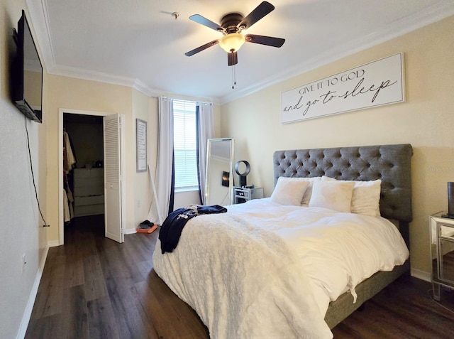 bedroom featuring ornamental molding, ceiling fan, and dark hardwood / wood-style floors