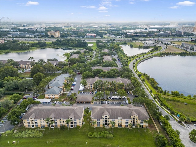 drone / aerial view featuring a water view