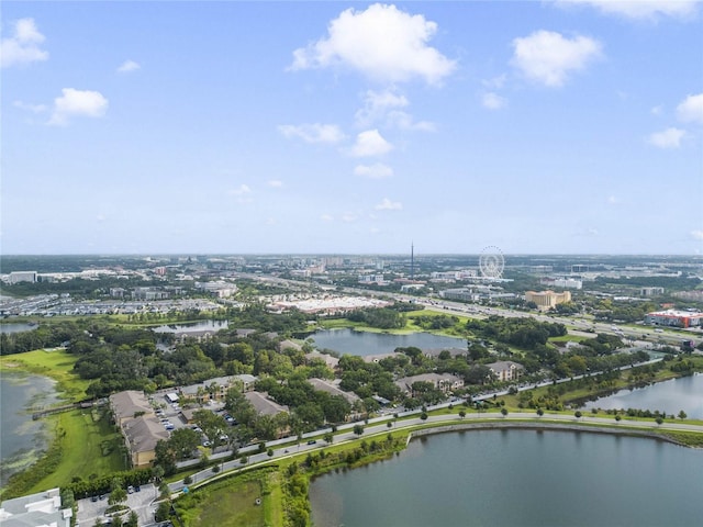 drone / aerial view featuring a water view