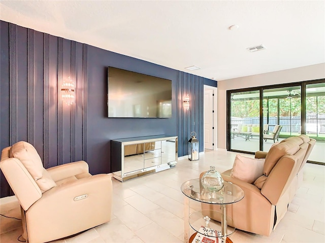 living room featuring light tile patterned floors