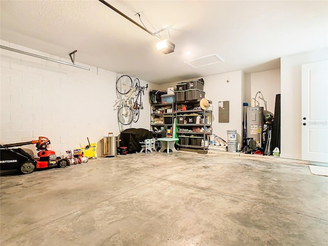 garage featuring a garage door opener, electric panel, and electric water heater