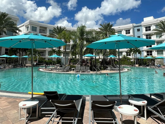 community pool with a patio area