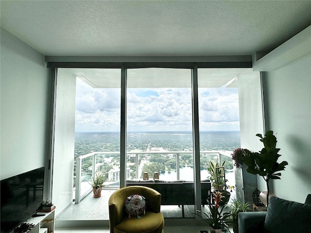 living room with a wealth of natural light and a textured ceiling