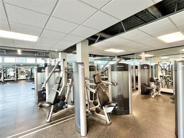 exercise room featuring a drop ceiling and a healthy amount of sunlight