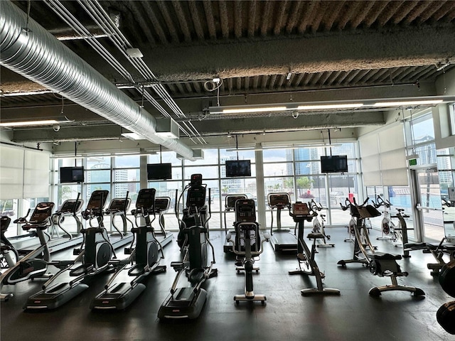 workout area featuring floor to ceiling windows