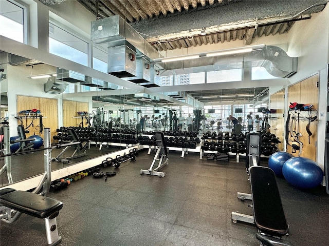 exercise room with a towering ceiling