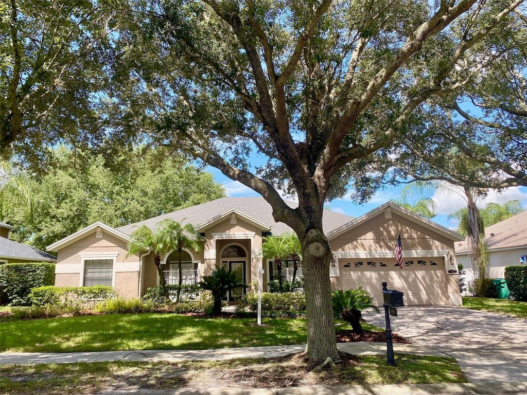 ranch-style home featuring driveway, a front lawn, and an attached garage