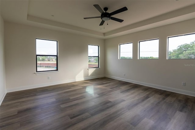 spare room featuring dark hardwood / wood-style floors, a healthy amount of sunlight, and a tray ceiling