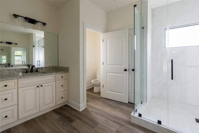 bathroom featuring toilet, walk in shower, vanity, and wood-type flooring