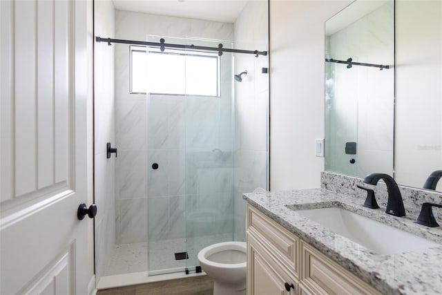 bathroom with toilet, vanity, and walk in shower