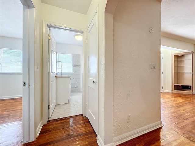 hallway featuring a healthy amount of sunlight and hardwood / wood-style flooring