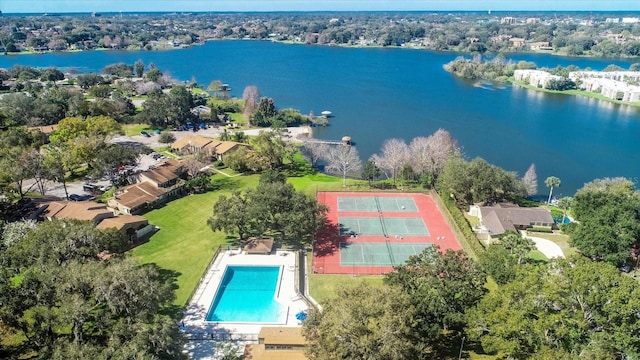 drone / aerial view with a water view