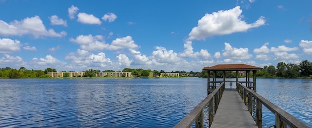 dock area with a water view and a gazebo