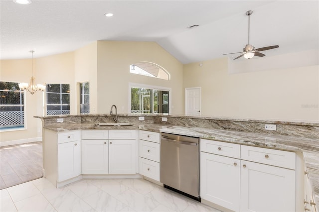 kitchen featuring sink, white cabinetry, ceiling fan with notable chandelier, stainless steel dishwasher, and light tile patterned floors