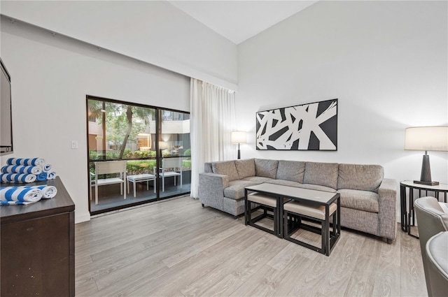 living area with light wood-style floors and high vaulted ceiling