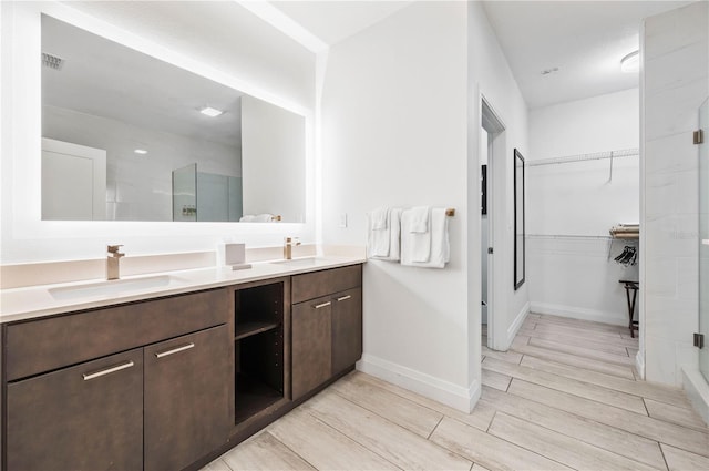 bathroom featuring a sink, a spacious closet, and a shower stall