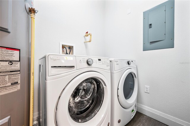 clothes washing area with separate washer and dryer, dark wood-type flooring, water heater, and electric panel