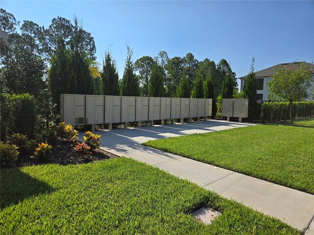 view of pool with mail boxes and a yard