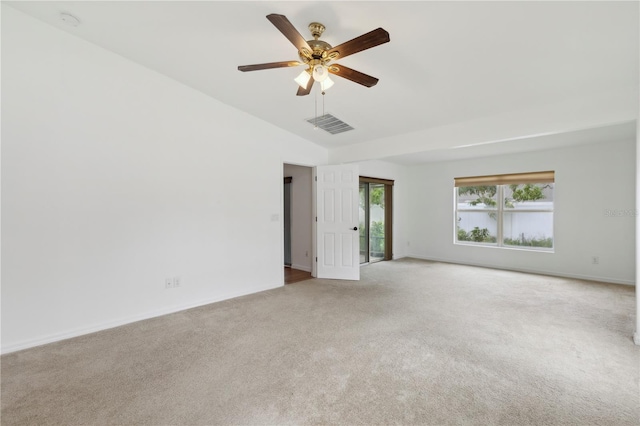 unfurnished room featuring ceiling fan, lofted ceiling, and light carpet