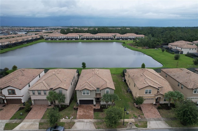 aerial view featuring a water view and a residential view