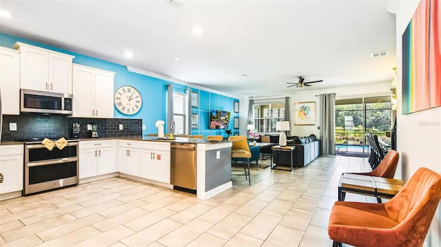 kitchen featuring white cabinetry, appliances with stainless steel finishes, tasteful backsplash, and plenty of natural light