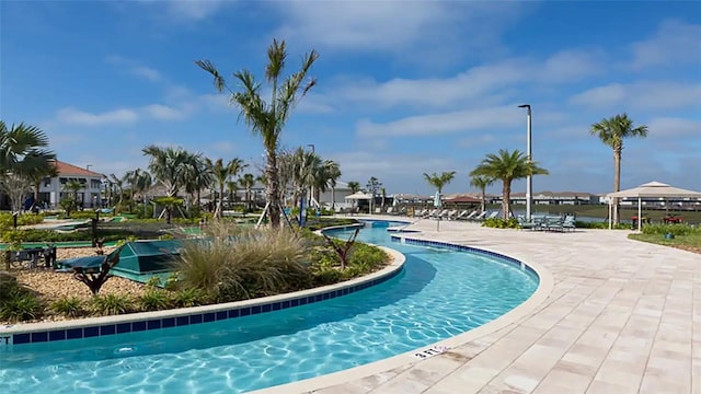 view of swimming pool with a patio area