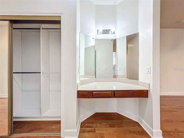 bathroom with hardwood / wood-style flooring and vanity