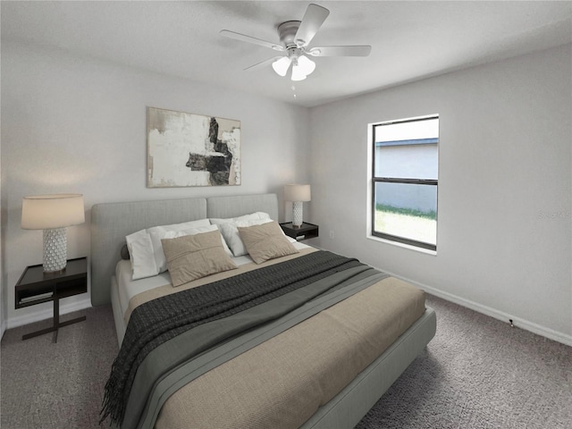 bedroom featuring carpet floors and ceiling fan