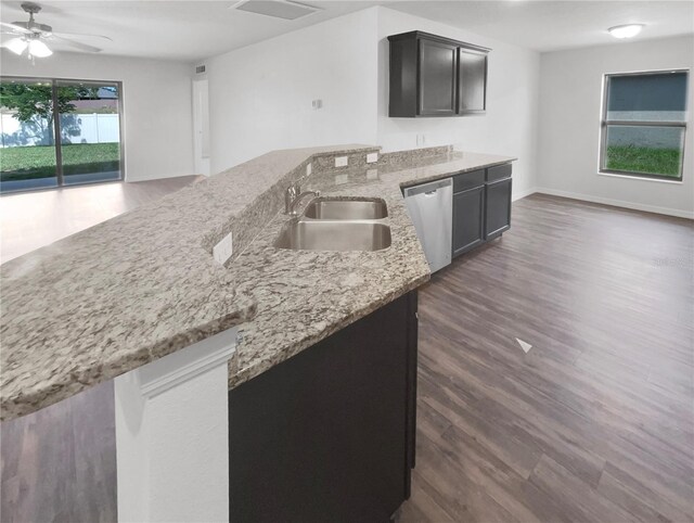 kitchen featuring sink, dishwasher, dark wood-type flooring, and a healthy amount of sunlight