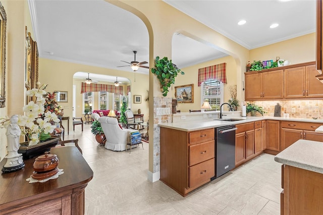 kitchen with plenty of natural light, ceiling fan, sink, and dishwasher