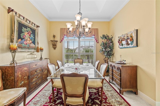 dining area featuring crown molding, light tile patterned floors, and a notable chandelier