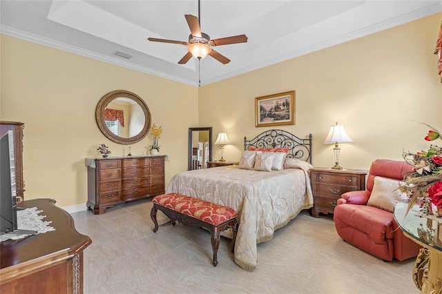 tiled bedroom with ceiling fan and crown molding