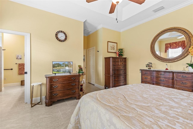 bedroom with ceiling fan and crown molding