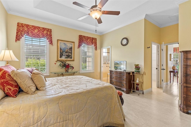 bedroom with ceiling fan and ornamental molding