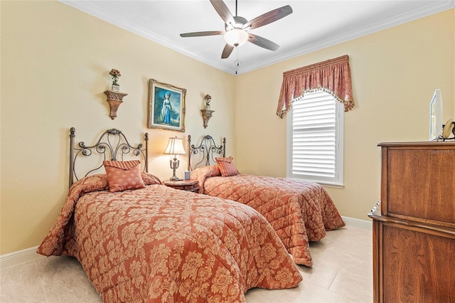 tiled bedroom with ornamental molding and ceiling fan