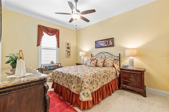 bedroom featuring ornamental molding and ceiling fan