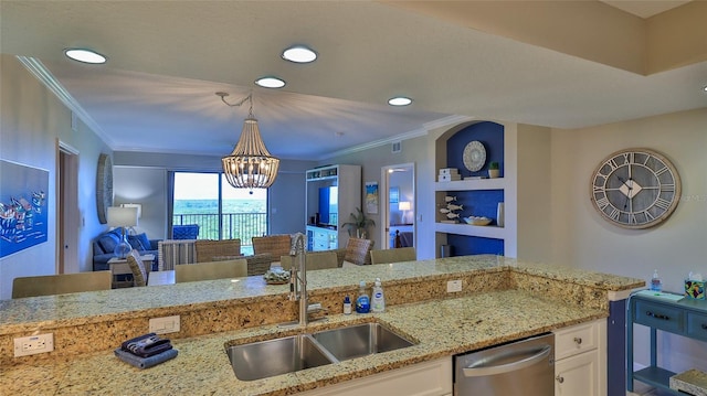 5300 S Atlantic Ave Unit 16-602, New Smyrna Beach, FL 32169 - kitchen with a sink, dishwasher, ornamental molding, white cabinetry, and light stone counters