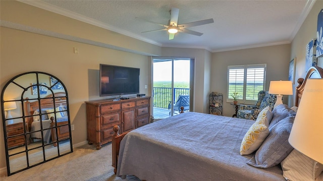 carpeted bedroom with a textured ceiling, ceiling fan, crown molding, and access to outside