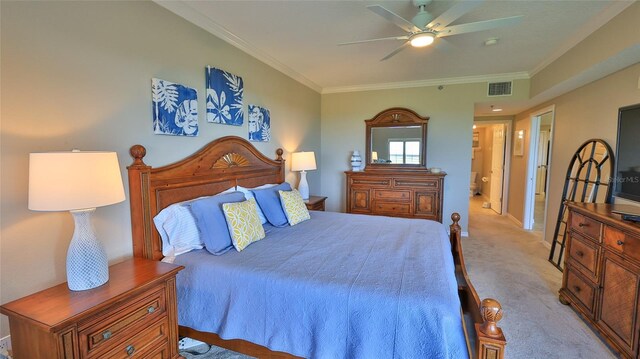 5300 S Atlantic Ave Unit 16-602, New Smyrna Beach, FL 32169 - bedroom with light carpet, crown molding, a ceiling fan, and ensuite bathroom