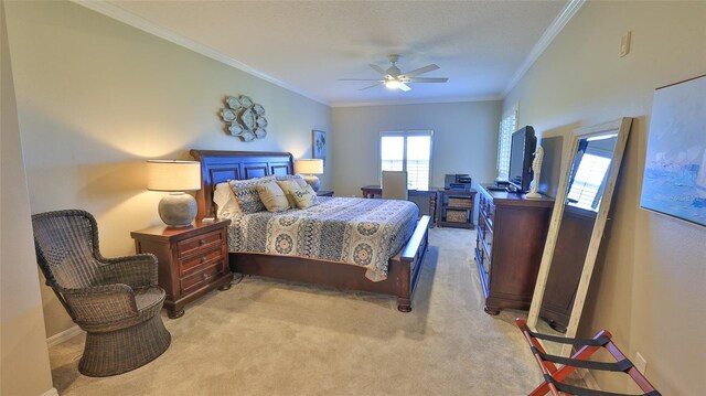 5300 S Atlantic Ave Unit 16-602, New Smyrna Beach, FL 32169 - bedroom featuring crown molding, light colored carpet, baseboards, and ceiling fan