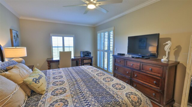 5300 S Atlantic Ave Unit 16-602, New Smyrna Beach, FL 32169 - bedroom featuring ornamental molding and a ceiling fan
