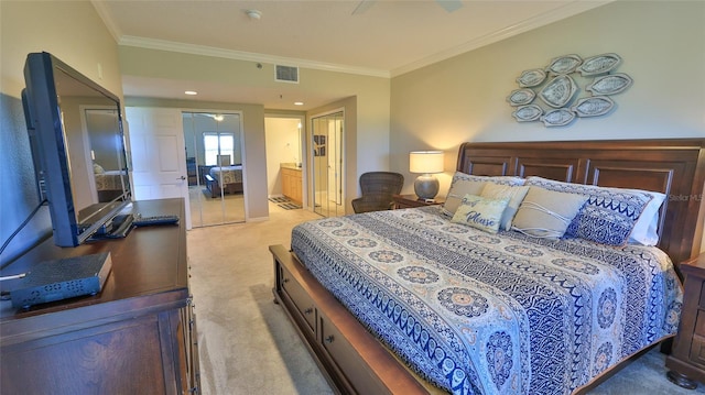 5300 S Atlantic Ave Unit 16-602, New Smyrna Beach, FL 32169 - carpeted bedroom featuring ornamental molding and connected bathroom