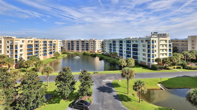 drone / aerial view with a water view